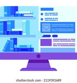 Electronic library in computer flat vector icon isolated on white background. Learning, study and reading