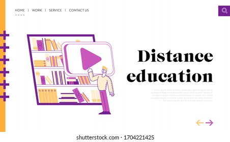 Electronic Library and Computing Reading Landing Page Template. Man Character Stand at Tablet with Books on Screen. Gadget for E-Learning and Online Education in Internet. Linear Vector Illustration