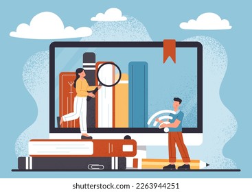 Electronic library concept. Man and woman with magnifying glass evaluate books, wireless connection and information on internet, wifi. Education and learning. Cartoon flat vector illustration