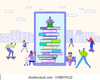 Electronic library concept, tiny people cartoon characters reading books online, vector illustration. Men and women in modern city using gadgets and devices for education. Citizens read digital ebooks