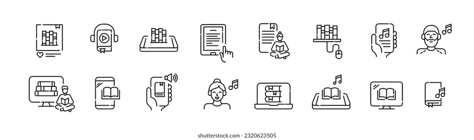 Electronic library for digital and audiobooks. Listening or reading from your smartphone or laptop. Editable icons set