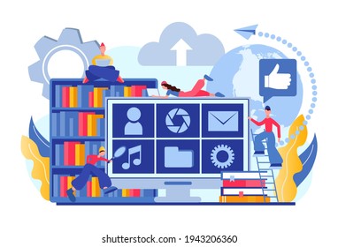 Electronic library, File storage, Internet search. Online teamwork Concept Vector Illustration.