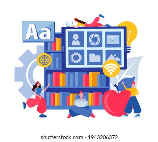 Electronic library, File storage, Internet search. Online education teamwork Tutoring, learning foreign languages Vector illutration