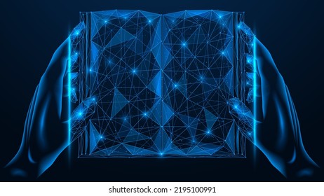 Electronic library. Hands holding a book. Polygonal design of interconnected lines and points. Blue background.