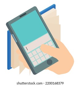 Electronic library icon isometric vector. Smartphone in human hand and open book. Education concept, modern technology