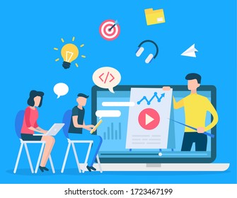 Electronic library icons in laptop and IT developers vector. Music player and folder, paper plane and lamp, target and chat cloud, office workers