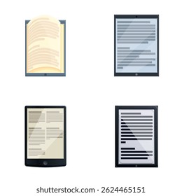 Electronic library icons set cartoon vector. Gadget with text on screen. Internet technology