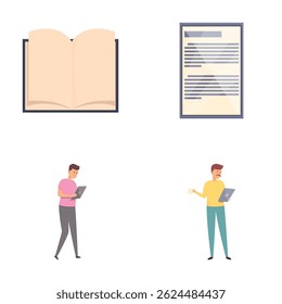 Electronic library icons set cartoon vector. Man reading book in online library. Modern educational technology