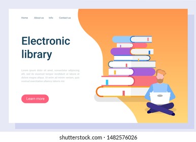 Electronic library, man communication with laptop, e-learning icon. Reader character with computer, e-book technology, literature online, knowledge vector. Webpage or landing page flat style, website