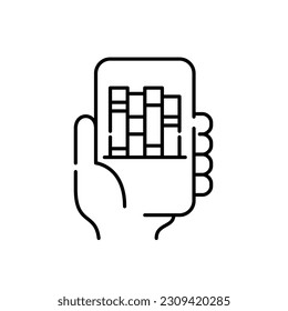 Electronic library mobile app. Hand holding a smartphone. Searching books to read. Pixel perfect, editable stroke