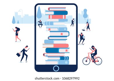 Electronic library in mobile phone. Poster with huge phone and stack of books Love reading concept. Vector flat illustration.