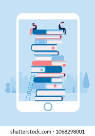 Electronic library in mobile phone. Poster with huge phone and stack of books Love reading concept. Vector flat illustration.