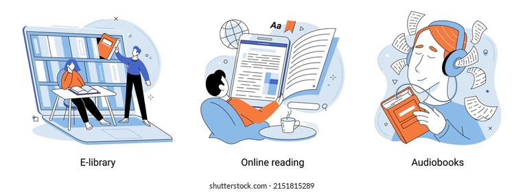 Electronic library, online book storage metaphor. Reading publications, literature via Internet. E-learning and training program for electronic device. People read books with online library mobile app
