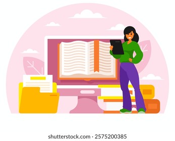 Electronic library online. Woman with tablet. Female character in suit holding tablet. Digital Library concept. Online book application. E-Library. Digital bookstore. Web archive. Vector graphics