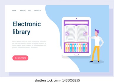 Electronic library, person using tablet, e-learning icon. Man character and screen of wireless device with page icon, e-book gadget, reading online vector. Website or webpage template, landing page