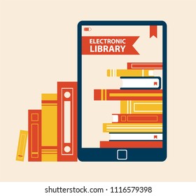 Electronic library poster with e-book screen containing books of hardcovers having bookmarks on interesting parts, reading gadget vector illustration