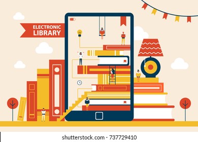 Electronic library promotional poster with huge tablet and thick books in hardcovers isolated cartoon flat vector illustration on white background.