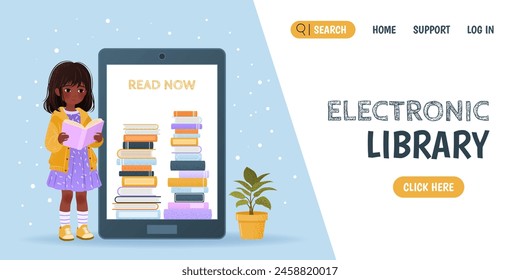 Electronic library, university, school concept. Landing page for e-book library, store, online education with little girl, tablet, pile of books and plant. Flat banner. Vector illustration.