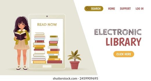 Electronic library, university, school concept. Landing page for e-book library, store, online education with little girl, tablet, pile of books and plant. Flat banner. Vector illustration.