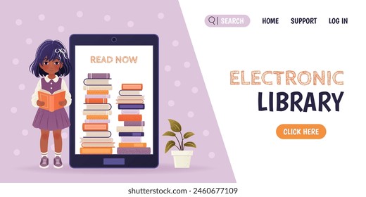 Electronic library, university, school concept. Landing page for e-book library, store, online education with little girl, tablet, pile of books and plant. Flat banner. Vector illustration.