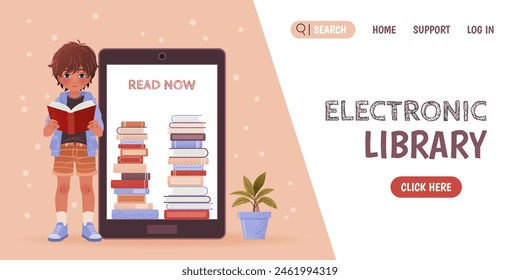 Electronic library, university, school concept. Landing page for e-book library, store, online education with little boy, tablet, pile of books and plant. Flat banner. Vector illustration.