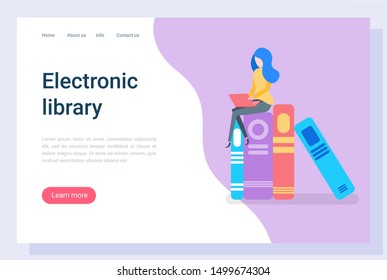 Electronic library vector, education in university, learning new information from books. Printed material, female character student bookworm. Website or webpage template, landing page flat style