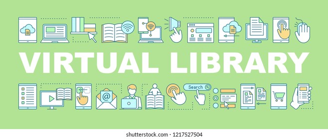 Electronic library word concepts banner. E-books. Presentation, website. Virtual library. Online education. E-learning. Isolated lettering typography with linear icons. Vector outline illustration