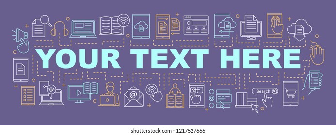 Electronic library word concepts banner. E-books. Presentation, website. Virtual library. Online education. E-learning. Isolated lettering typography with linear icons. Vector outline illustration