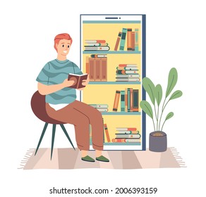 Electronic library. Young man sitting and reading digital book, bookshelf in smartphone, phone screen, online education, student distance studying. Vector cartoon isolated e-learning concept