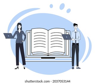 Electronic library.People use digital books.A laptop with applications for reading books.Online store of electronic literature.Flat vector illustration.