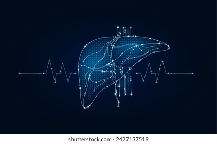 Electronic liver and pulse wave glowing between connecting lines. Human organ microchip data circuit code. Medical science of technology futuristic digital innovative health care. Vector EPS10.