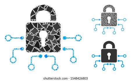 Electronic lock composition of unequal items in various sizes and color hues, based on electronic lock icon. Vector unequal items are organized into collage.