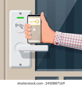 Electronic lock security device at office or home door. Hand with smartphone with id card application. Access control machine, time attendance. Proximity card reader. Flat vector illustration