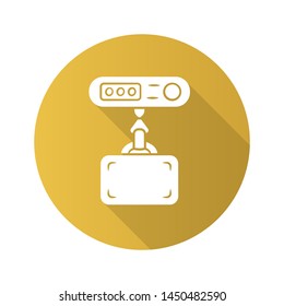 Electronic luggage scale flat design long shadow glyph icon. Weighing suitcase with digital weights. Baggage weight limit charge, fine. Bag checkpoint. Trip equipment. Vector silhouette illustration