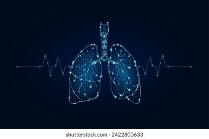 Elektronische Lungen- und Pulswelle, die zwischen Verbindungsleitungen leuchtet. Menschlicher Organmikrochip-Datenleitcode. Medizinische Wissenschaft der Technologie futuristischen digitalen innovativen Gesundheitsversorgung. Vektor EPS10.