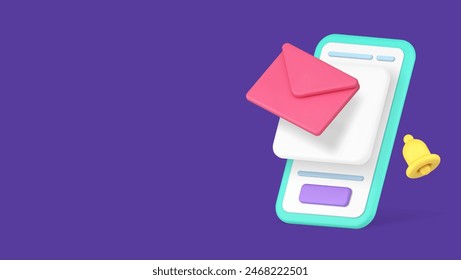 Electronic mail incoming message inbox mailbox sound alert smartphone application 3d icon realistic vector illustration. Email letter envelope newsletter mobile phone contact chat communication