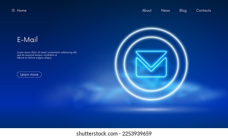 Concepto de mensaje de correo electrónico, Webmail o marketing y negocios en línea móvil, banner de suscripción a boletines con icono de letra de neón azul en humo, vectores de fondo de negocio