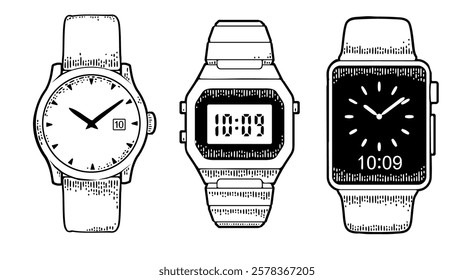 Electronic and mechanical metal wristwatch, smart watch. Vintage vector black engraving illustration for info graphic, poster, web. Isolated on white background.