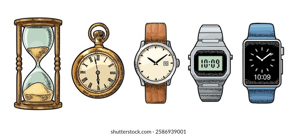 Electronic and mechanical metal wristwatch, smart and antique pocket watch, retro hourglass. Vintage vector color engraving illustration for info graphic, poster, web. Isolated on white
