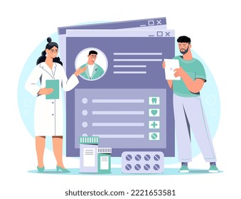 Electronic medical card. Man and woman diagnose patient and choose optimal method of treatment. Colleagues discuss case, teamwork. Remote medicine and doctors. Cartoon flat vector illustration