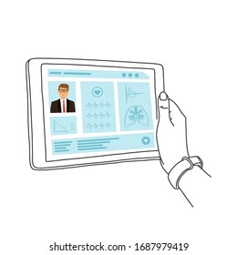 Electronic medical record, hands hold tablet. Electronic medical history is used in outpatient and inpatient facilities. Single information resource that allows operate with personal data patients.
