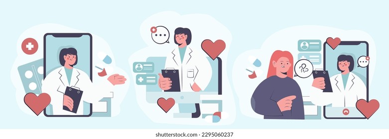 Electronic medical record and online medical treatment illustration set. Doctor at hospital reading patients EMR. Patients using online consultation by specialists