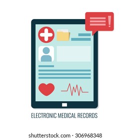 Electronic medical records on tablet computer. Online medical card. Vector icon in flat design. 