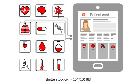 Registros y programas electrónicos médicos, concepto de atención de la salud, servicios de atención de la salud, control anual, Portapapeles con paciente, tarjeta médica en línea Archivo plano de farmacia, ilustración vectorial