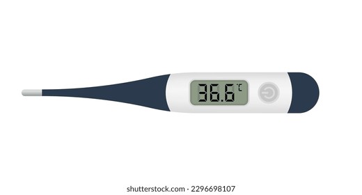 electronic medical thermometer 3d Celsius for measuring kit close-up. Normal 36.6. Digital thermometer design template showing temperature. View from above. Vector illustration