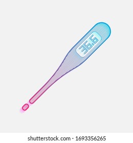 Electronic medical thermometer for body. Colored logo with diagonal lines and blue-red gradient. Neon graphic, light effect
