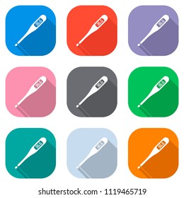 Electronic medical thermometer for body. Set of white icons on colored squares for applications. Seamless and pattern for poster