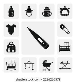Electronic medical thermometer flat web icon. Modern battery thermometer vector. Baby icon set