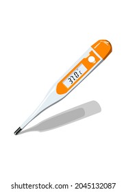 Electronic medical thermometer for measuring body temperature with elevated temperature 37.0 and orange-white design. Vector illustration.