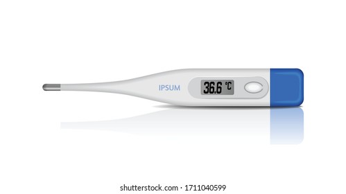 Electronic medical thermometer for measuring. Vector design of digital thermometer showing temperature. Top view. For your design